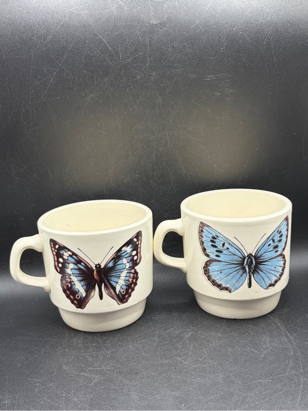 Vintage USA Blue Butterfly Stackable Ceramic Mugs Cups Cottagecore Drinkware